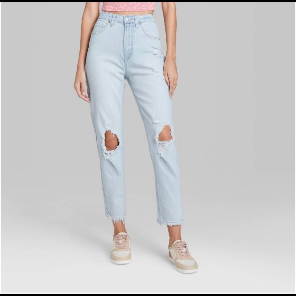 Super high rise distressed mom jeans